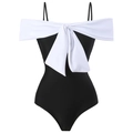 Elegant black one-piece swimsuit featuring a large decorative white bow on the chest - S / Top And Bottom (Y123) / Black