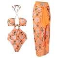 Orange floral two-piece swimwear set with cutout swimsuit and matching chiffon skirt - M / Top And Bottom (Y122) / Orange