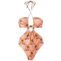 Chic halter neck one-piece swimsuit in orange floral print with waist cut-outs - M / Top And Bottom (Y122) / Orange