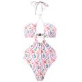 Floral print one-piece monokini with halter neck, cut-outs and metal buckle detail - S / Top And Bottom (Y122) / White