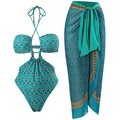 Two-piece blue floral swimsuit set with halter monokini and printed chiffon sarong - S / Top And Bottom / Green (Y122 Green Set)