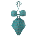 One-piece halter cutout swimsuit with vintage orange floral print on a cyan base - S / Tops / Green (Y122 Green)