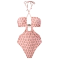 Bañador de una pieza floral rosa con abertura en cintura y diseño de cuello halter - S / Tops / Floral Rosa (Y122 Rosa)