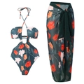 Two-piece dark green floral swimsuit with one-piece cutout monokini and matching sarong - S / Top And Bottom / Dark Green (Y122 Dark Green Set)