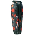 Floral print chiffon sarong beach cover-up skirt with tie waist and deep green floral pattern - One Size / Bottom (Y122) / Dark Green Floral