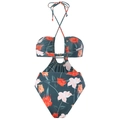 Deep green halter swimsuit with orange floral print and side cutouts on white background - S / Tops / Dark Green (Y122 Dark Green)