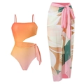 Maillot de bain ajouré dégradé orange-rose pour femme avec paréo à imprimé floral - S / Ensemble Dégradé n°1 avec jupe à fleurs roses