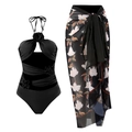 Maillot de bain noir ajouré avec appliqué fleurie 3D et jupe paréo imprimée assortie - S / Noir (Avec Jupe)
