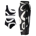 Three-piece bikini set with one-shoulder top, high-waisted bottoms and swirl print sarong - Y167 Black Suit / S