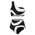 Two-piece black and white wave pattern bikini set with one-shoulder top and high waist bottom - Y167 Black / S