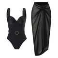 Detail view of black one-piece swimsuit with gold buckle belt and mesh sarong set - Y186 Black Suit / S