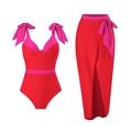 Red and pink one-piece swimsuit with shoulder bow and matching high-waist wrap skirt - Y181 Rose Red Set / S