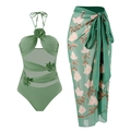 Maillot de bain dos nu vert avocat avec fleurs 3D et jupe de plage en mesh assortie - S / Vert (Avec Jupe)