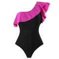 One-shoulder ruffles one-piece swimsuit in fuchsia and black contrast color block design - Y189 Black Swimsuit / S