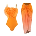 Detail of orange one-piece swimsuit with 3D rose floral design and gradient chiffon sarong - S / Top And Bottom (Y177) / Yellow