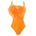 Detail view of a large 3D orange organza rose on a slim fit strappy bodysuit swimwear - S / Top (Y177) / Yellow