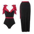 Retro two-piece swimsuit set with red shoulder bow and black skirt in vintage style - Y181 Black Suit / S