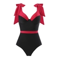 Retro one-piece swimsuit in black with red bow straps and waist belt detail - Y181 Black / S