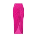 Detail of fuchsia wrap skirt featuring a twisted waist design and high side slit - Y184 Rose Pink Dress / L