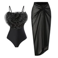 Detail of black one-piece swimsuit with 3D floral accent and matching mesh wrap skirt - S / Top And Bottom (Y177) / Black