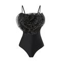 Detail of 3D layered flower ornament on black one-piece swimsuit with mesh mesh fabric - S / Top (Y177) / Black