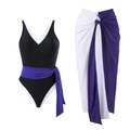 Flat lay of black and white one-piece swimsuit with a purple wrap beach skirt set - Y178 Blue Suit / S