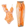 One-shoulder ruffle swimsuit and tropical leaf sarong set in vibrant orange tones - Y211 Yellow Suit / S