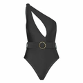 Detail view of black one-shoulder swimsuit featuring asymmetric cutout and gold buckle belt - Y185 Black / S