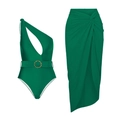 Detail of green one-shoulder swimsuit with waist belt and matching sarong skirt set - Y185 Green Suit / S
