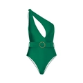 Detail of dark green one-shoulder swimsuit with waist cutout and gold buckle accent - Y185 Green / S