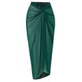 Detail of dark green mesh swim cover-up skirt with elegant twist knot and draped pleats - Y185 Green Dress / S