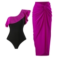 Ein Schulter Badeanzug Set mit pinken Rüschen und hohem Taillen Wickelrock in Schwarz - S / Set mit schwarzen Zirkonia