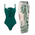 Two-piece swimsuit set with dark green one-piece swimwear and patterned beach sarong skirt - S / Green Swimsuit And Floral Sarong
