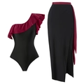 Eleganter burgunderroter One-Shoulder Volant-Badeanzug mit schwarzem Rock und Seitenschlitz - S / Braun Set