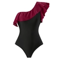 Elegant one-shoulder ruffle swimsuit in burgundy and black minimalist design - S / Brown One-Piece Swimsuit
