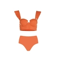 Three-piece vibrant orange bikini set with ruffle shoulders and high-waisted bottoms - S / Two-Piece Bikini / Orange