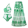 Three-piece bikini set with one-shoulder top, high-waisted bottom and tropical print maxi skirt - S / Three-Piece Set / Green