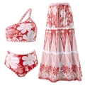 Three-piece red floral bikini set with one-shoulder top and matching sarong mesh skirt - S / Three-Piece Set / Red