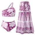 Three-piece purple tropical floral bikini set with one-shoulder top and matching beach sarong - S / Three-Piece Set / Purple