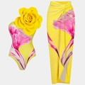 Yellow one-shoulder swimsuit with 3D flower and matching floral chiffon wrap skirt set - XL / Top And Bottom / Yellow