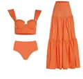 Three-piece vibrant orange bikini set with ruffled shoulder straps and a layered tier skirt - S / Three-Piece Set / Orange