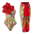 Tropical parrot print one-piece swimsuit with red 3D flower and matching beach skirt - S / Top And Bottom / Red Bird