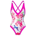One-piece swimsuit with floral hummingbird print and hot pink cross back straps - S / Tops / Rose Red