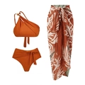Three-piece burnt orange bikini set with high-waisted bottoms and tropical leaf sarong - Y305 Brown Suit / S