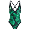 Women's one-piece swimsuit featuring tropical green leaf print and deep V-neckline - S / Tops / Black Green