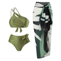 Three-piece olive green high waisted bikini set with tropical leaf print sarong cover-up - Y305 Green Set / S