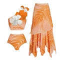 Three-piece bikini set with orange palm leaf print and 3D floral one-shoulder top - S / Orange Floral Print Top Bottom And Sarong