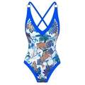 Women's one-piece swimsuit with floral butterfly print and blue trim details - S / Bottoms / Blue