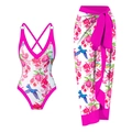 Women's two-piece swimsuit set with hummingbird floral print and matching wrap skirt - S / Top And Bottom / Rose Red