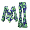 Zweiteiliges Set aus floralem langärmligem Oberteil mit V-Ausschnitt und Schlaghose - Y232 Grün Hose Outfit / Einheitsgröße